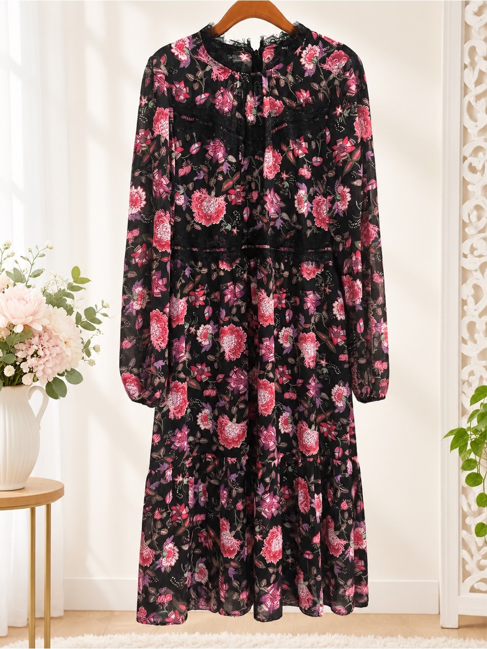 Nine West Black Floral Long Sleeve Midi Dress with Pink Blooms
